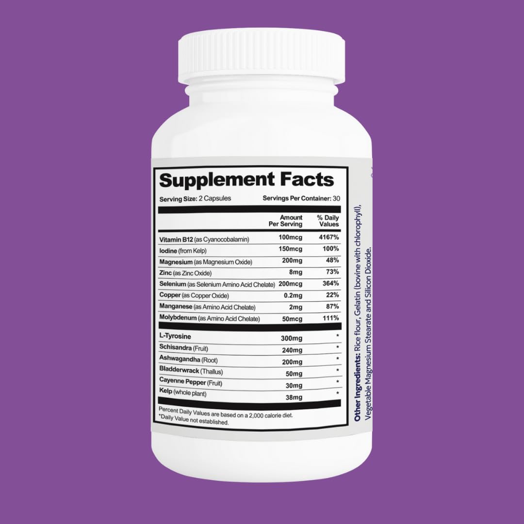 Thyroid Support Supplement with Iodine Selenium Ashwagandha B12 Zinc 60 Capsules E2676