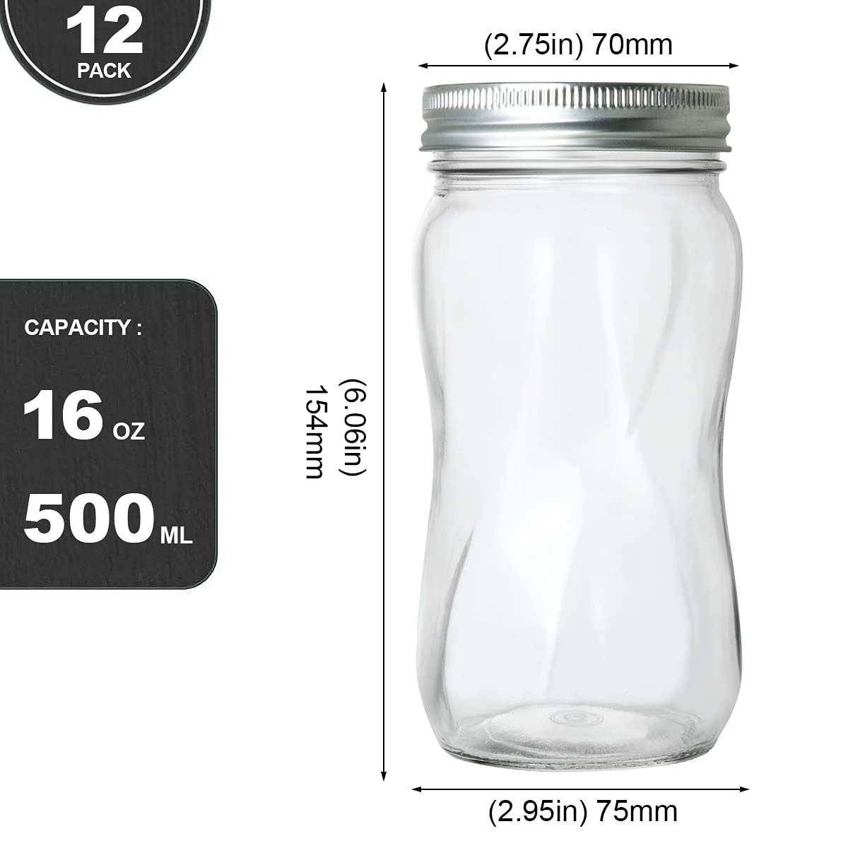 16oz Regular Mouth Mason Jars 12 Pack with Lids & Bands E9513
