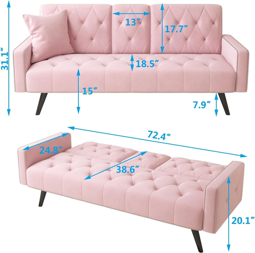 Pink Velvet Futon Couch Bed with Cup Holder H89371