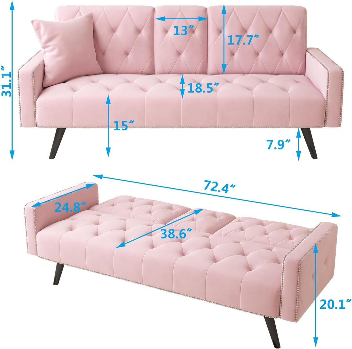 Pink Velvet Futon Couch Bed with Cup Holder H89371