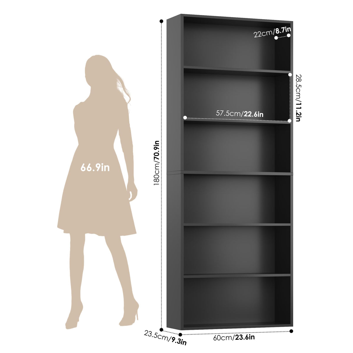 6 Tier Tall Black Bookshelf and Bookcase P936857