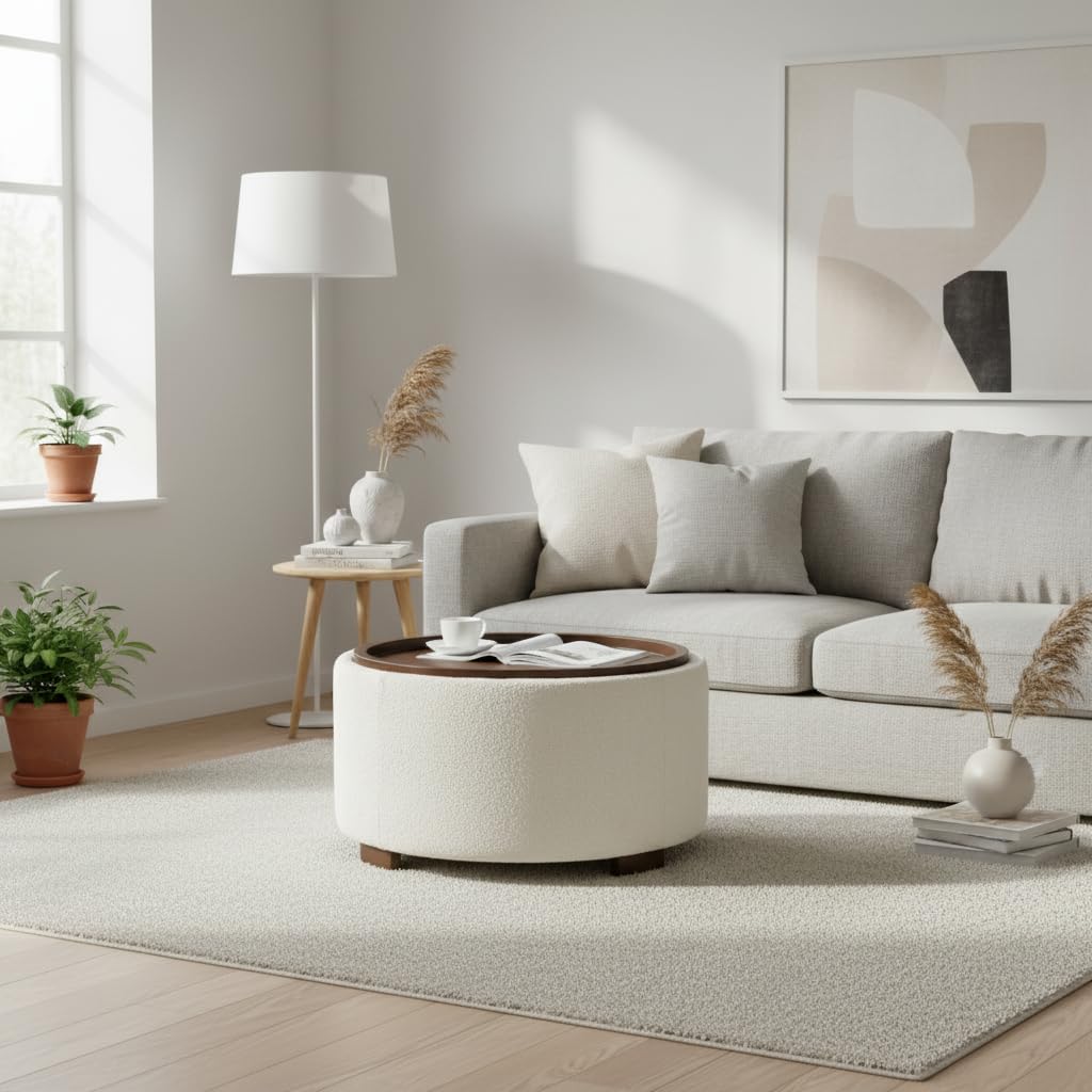 30 Inch Round Boucle Storage Ottoman E695206