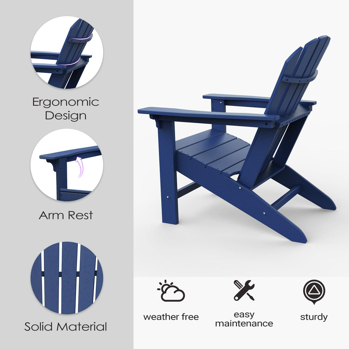 HDPE All-Weather Adirondack Chair 380 lbs Capacity Dark Blue U642