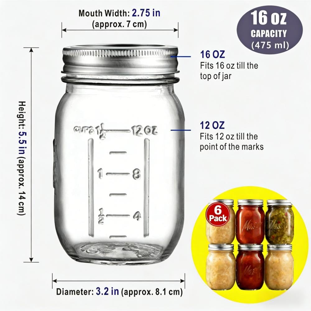 16 oz 6-Pack Regular Mouth Glass Mason Jars with Airtight Lids V84667