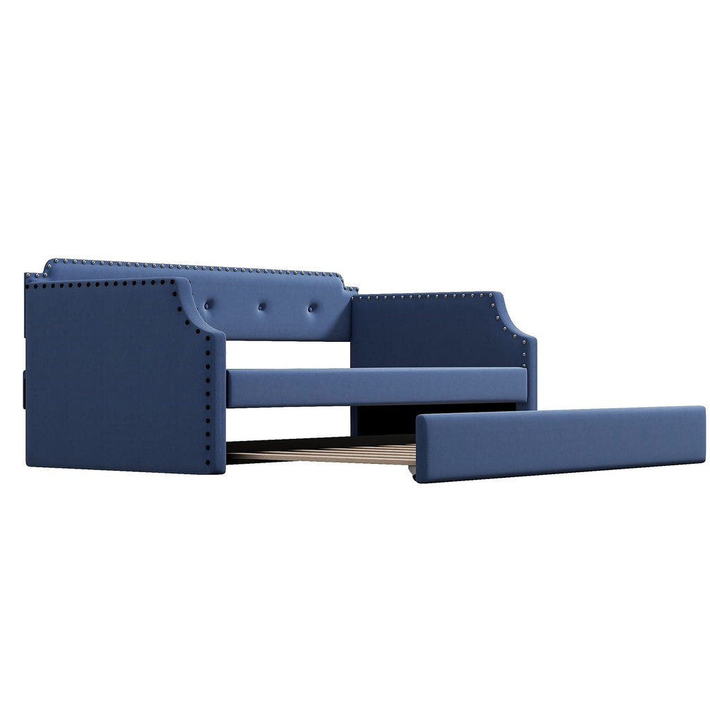 Blue Linen Upholstered Daybed with Trundle Twin Size R4261