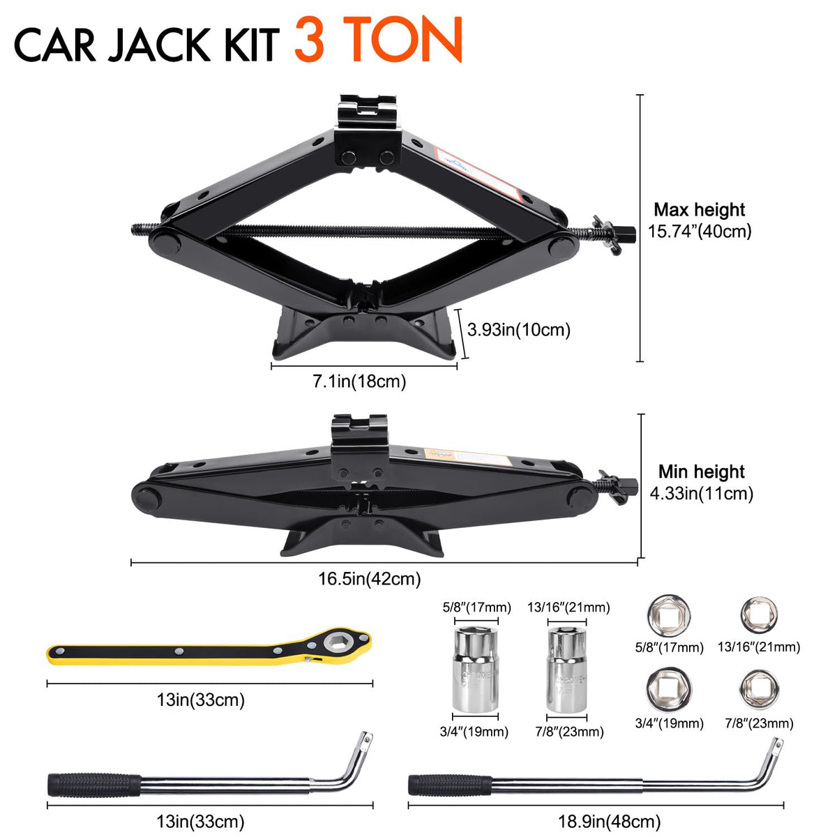 Scissor Car Jack 3 Ton Tire Changing Kit with Lug Wrench O8033