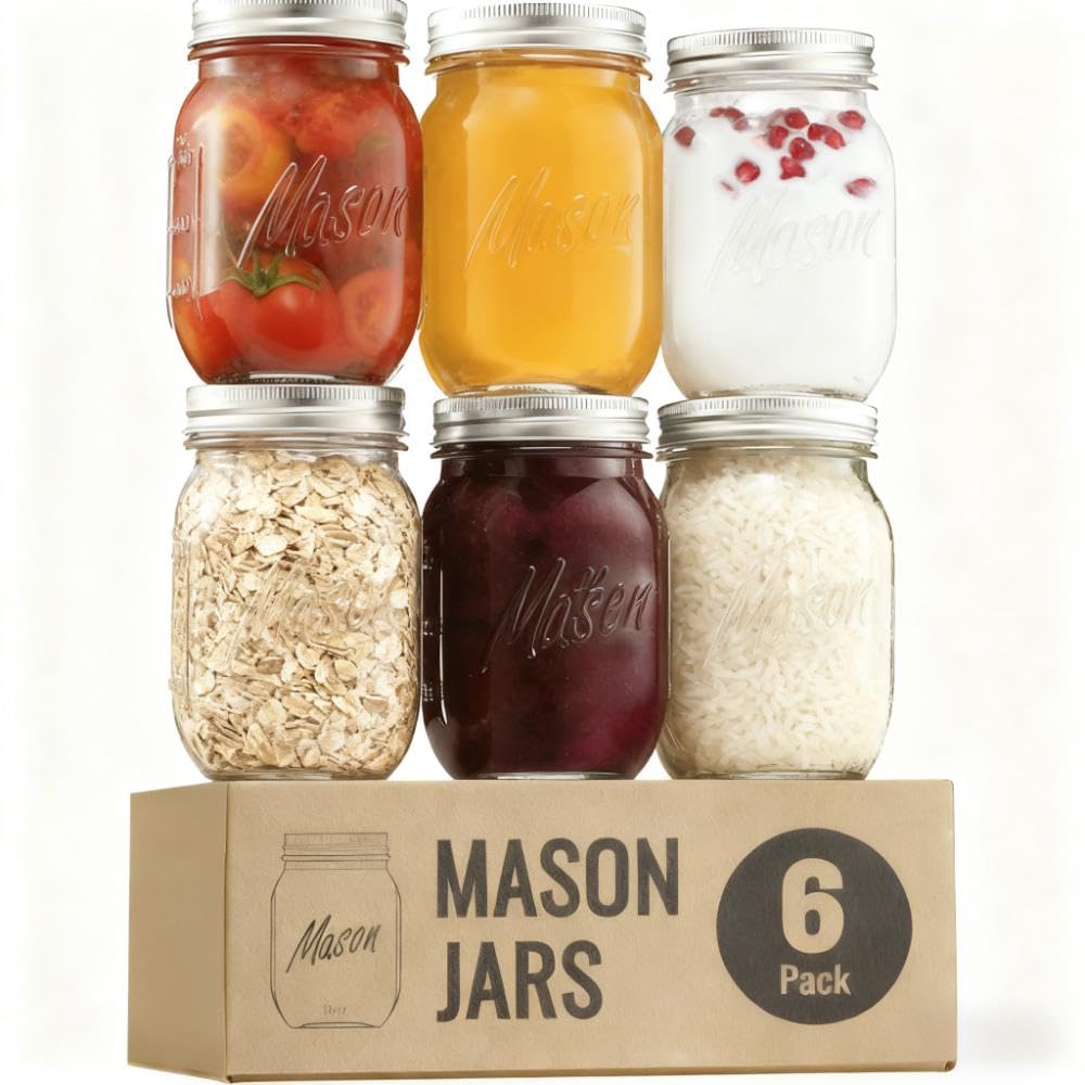 16 oz 6-Pack Regular Mouth Glass Mason Jars with Airtight Lids V84667