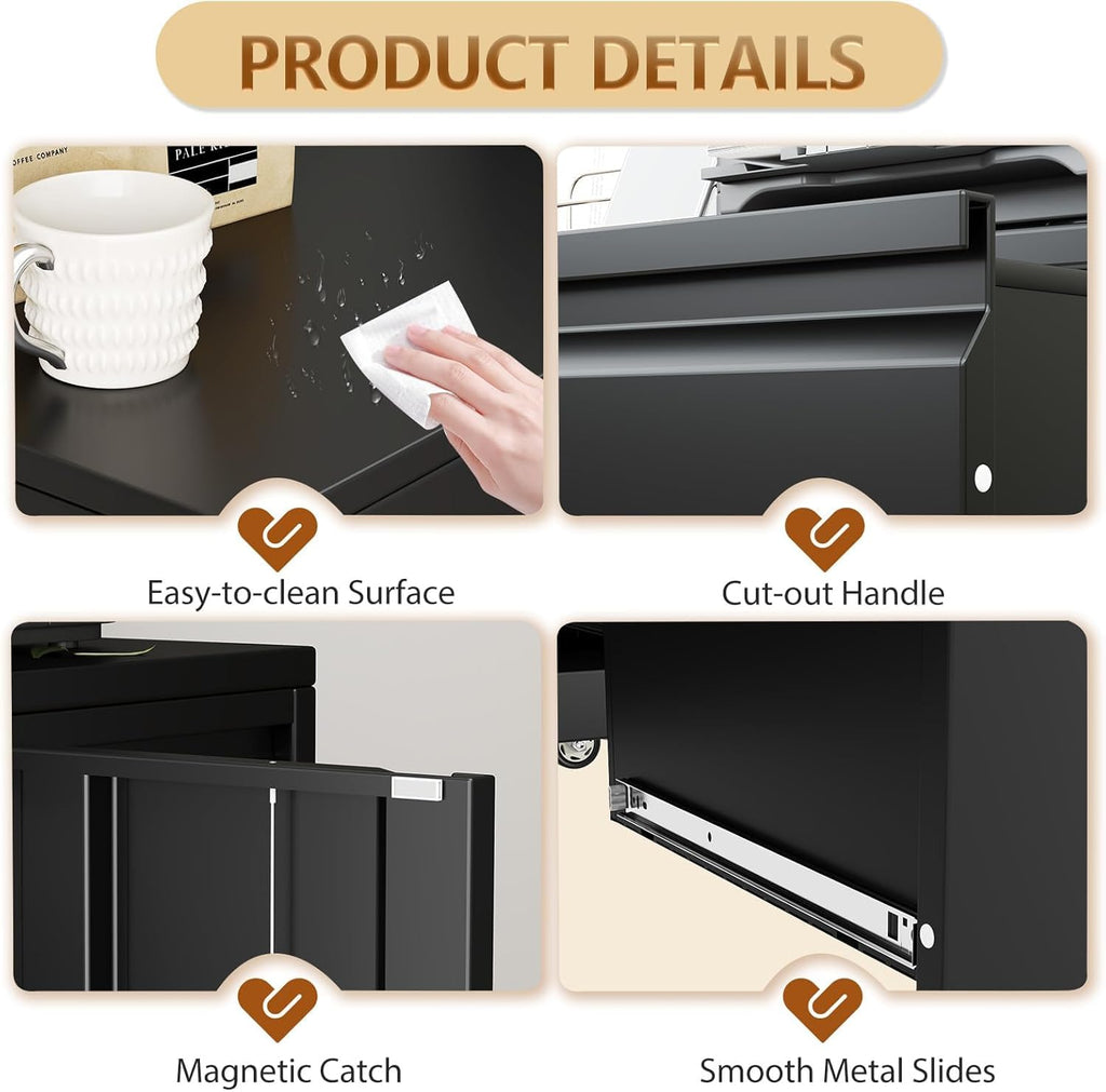 47" H 3 Drawer Black Rolling Metal File Cabinet with Adjustable Shelf & Wheels F169281