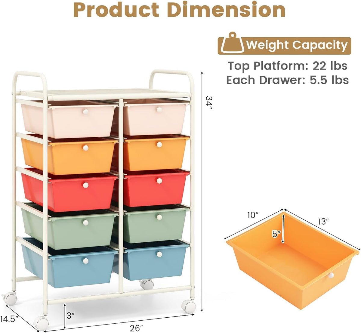 10 Drawer Rolling Storage Cart with Metal Frame F744