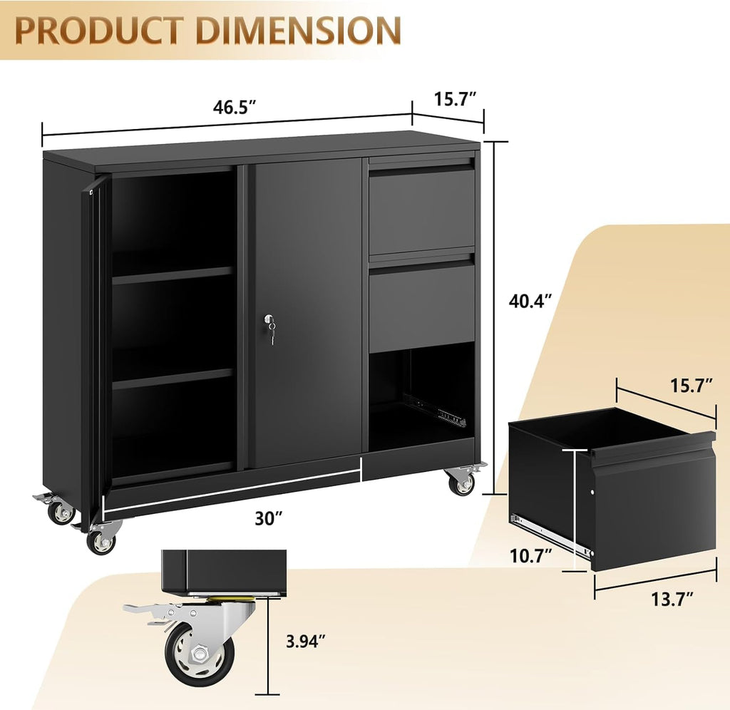 47" H 3 Drawer Black Rolling Metal File Cabinet with Adjustable Shelf & Wheels F169281