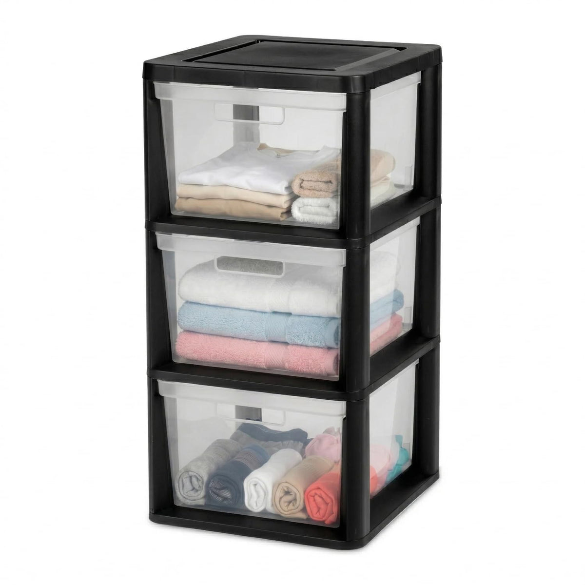 Black 3 Drawer Plastic Storage Tower with Clear Removable Bins B3506