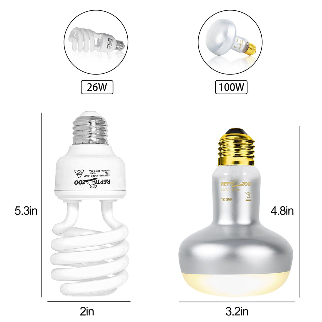 Reptile Heat Lamp Combo Pack with Dual Light Fixture, 100W Basking Spot Light & 26W UVA UVB Bulb N24154