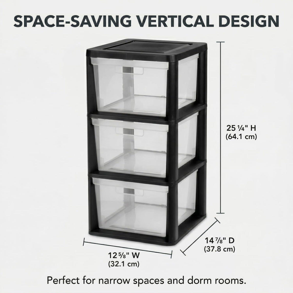 Black 3 Drawer Plastic Storage Tower with Clear Removable Bins B3506