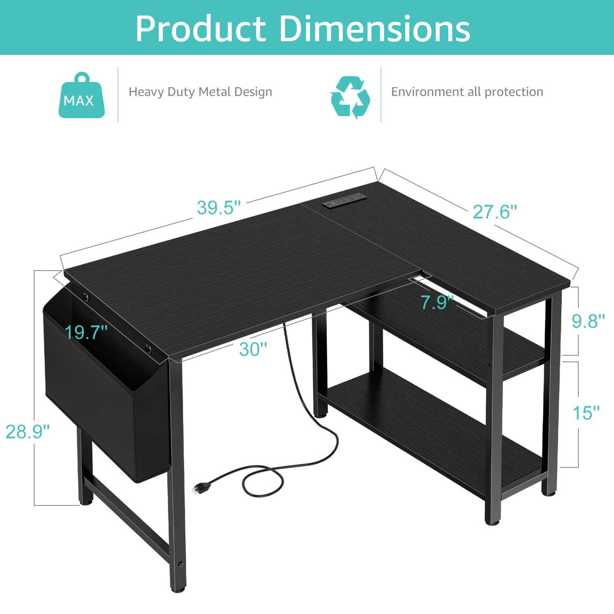 Black 40 Inch L Shaped Corner Computer Desk with Power Outlet Q90728