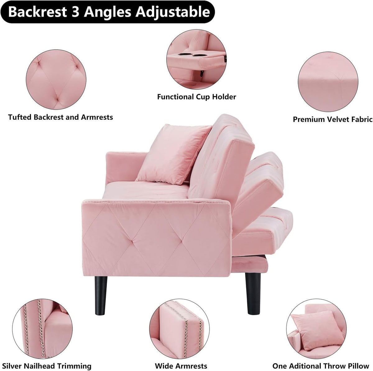 Pink Velvet Futon Couch Bed with Cup Holder H89371