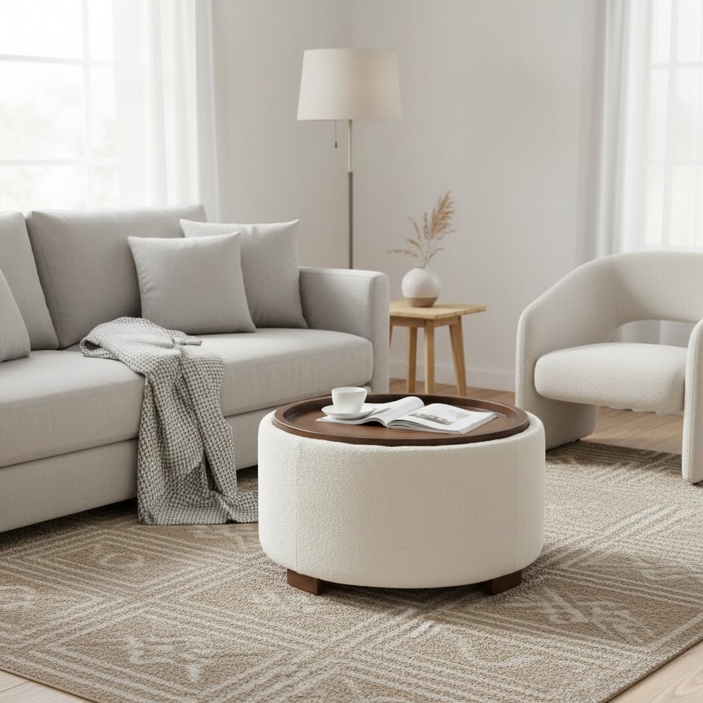 30 Inch Round Boucle Storage Ottoman E695206