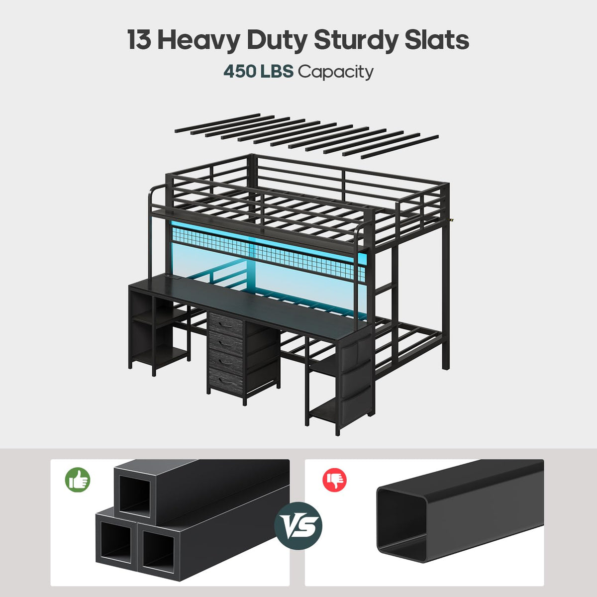 Twin Over Twin Bunk Bed with Desk and LED Lights W10889