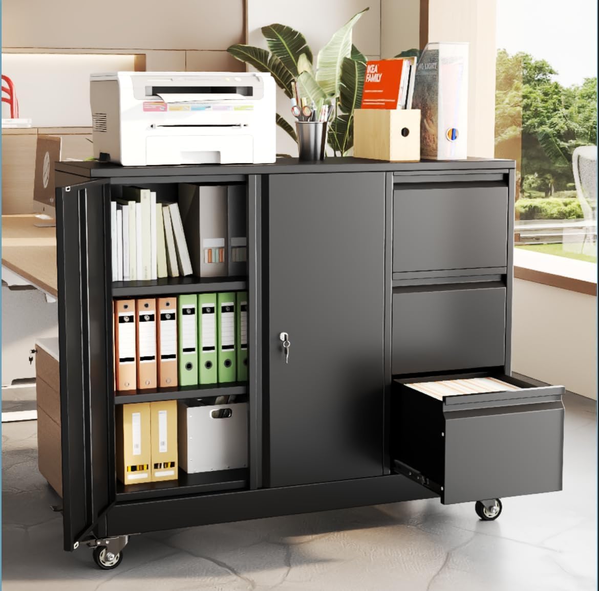 47" H 3 Drawer Black Rolling Metal File Cabinet with Adjustable Shelf & Wheels F169281