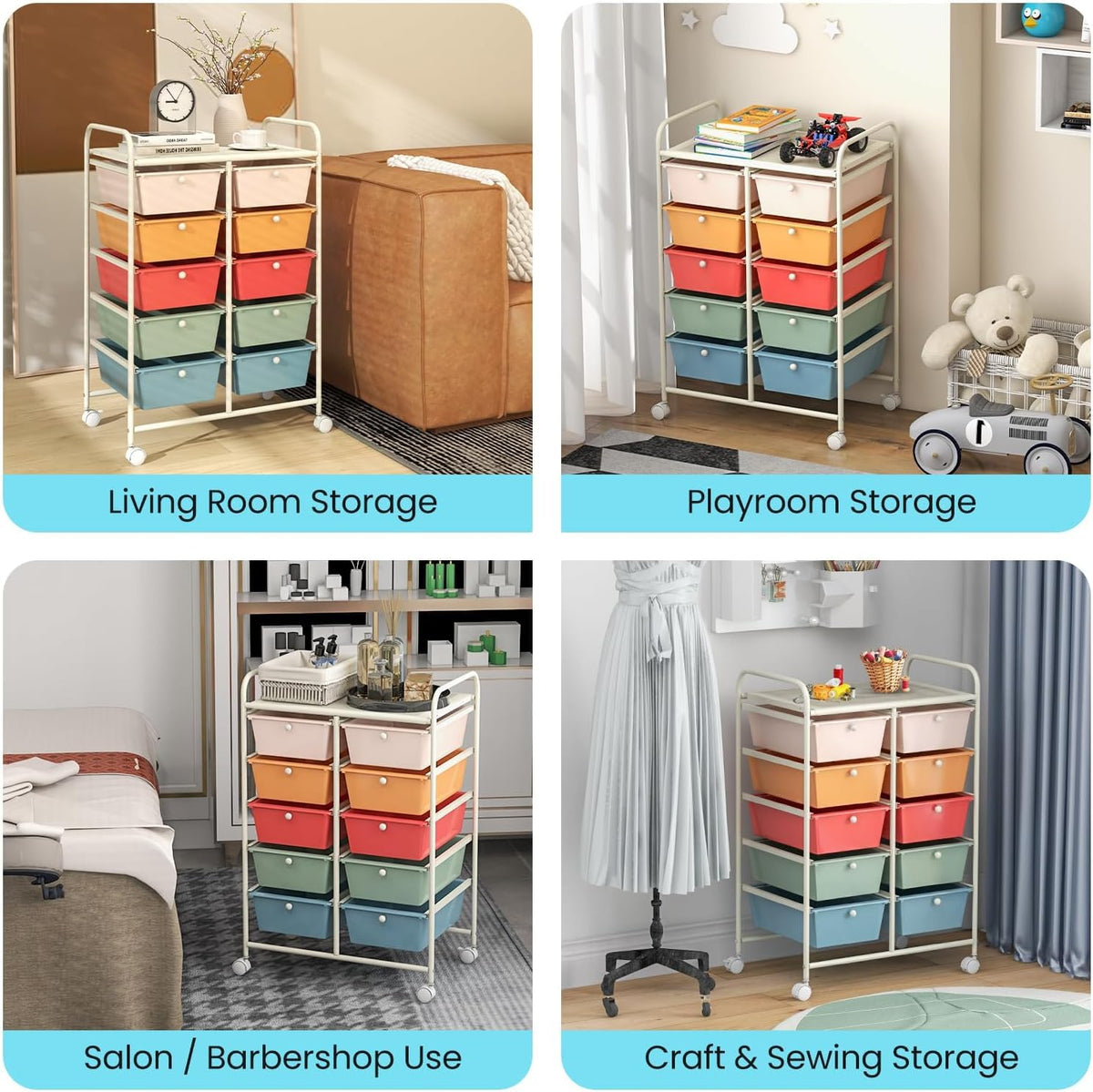10 Drawer Rolling Storage Cart with Metal Frame F744