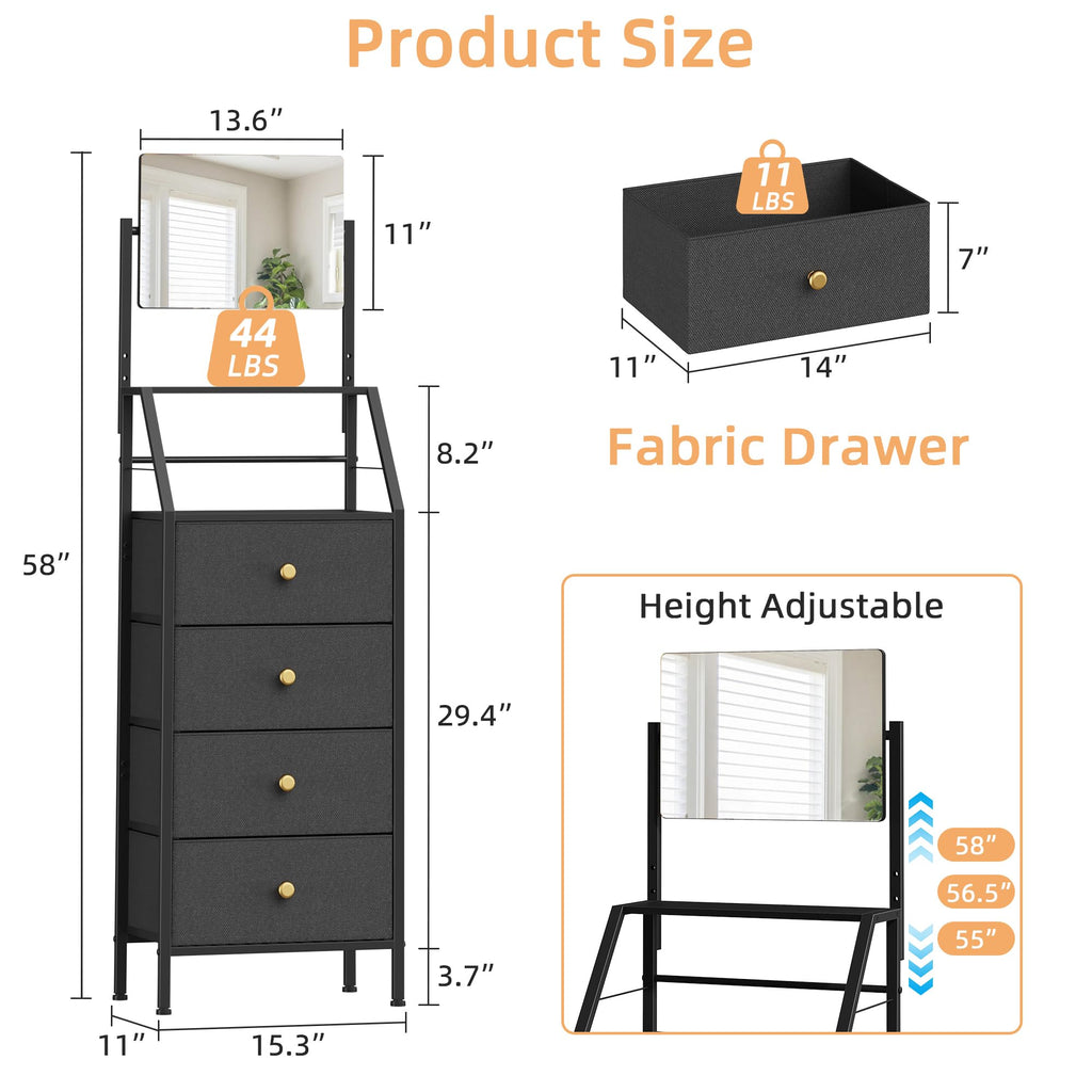 Black 4 Drawer Vanity Dresser with Adjustable Mirror S4620