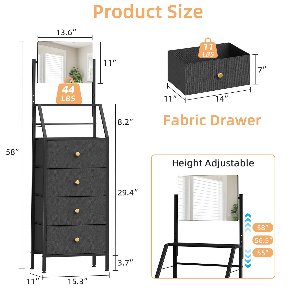 Black 4 Drawer Vanity Dresser with Adjustable Mirror S4620