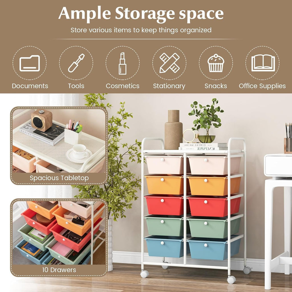10 Drawer Rolling Storage Cart with Metal Frame F744