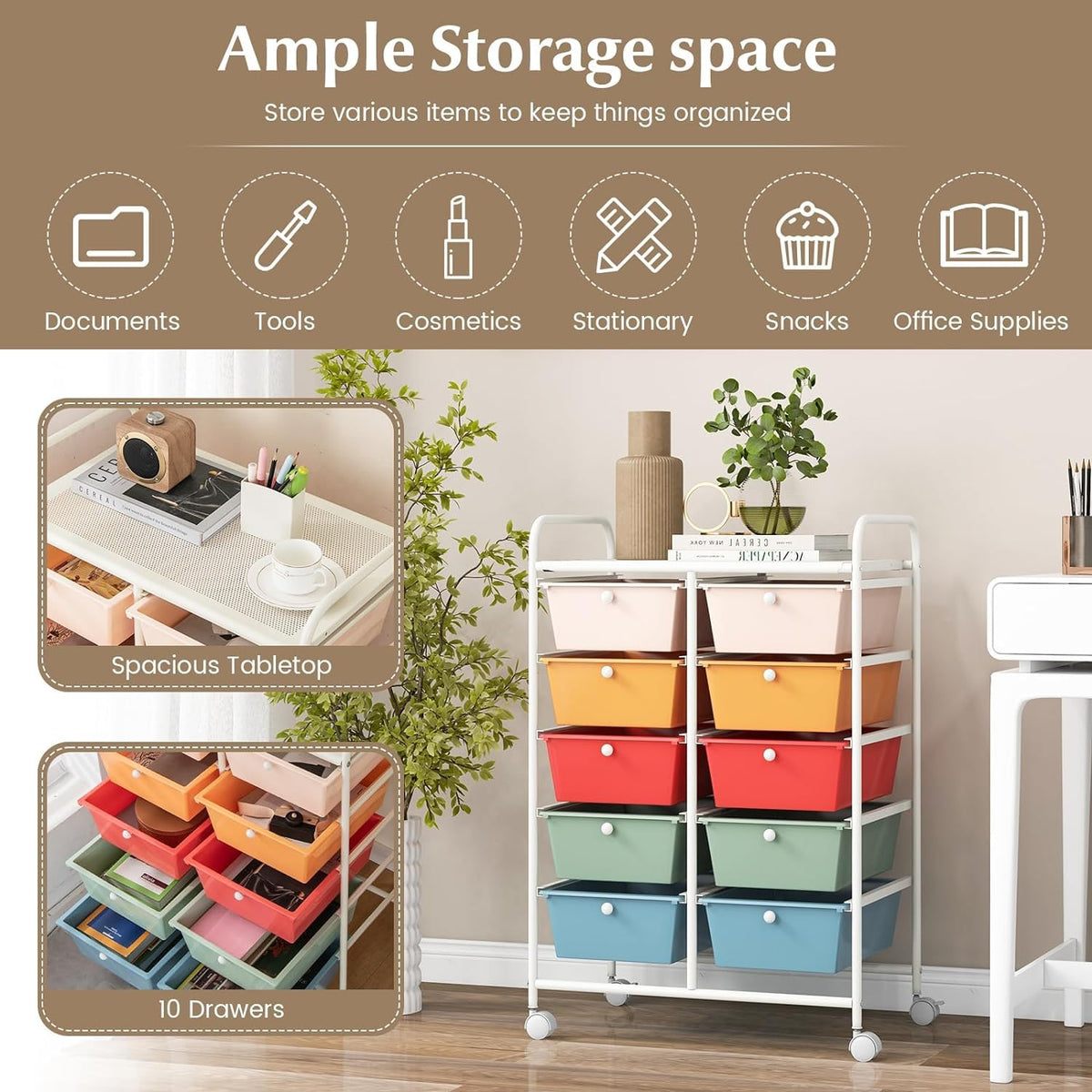 10 Drawer Rolling Storage Cart with Metal Frame F744