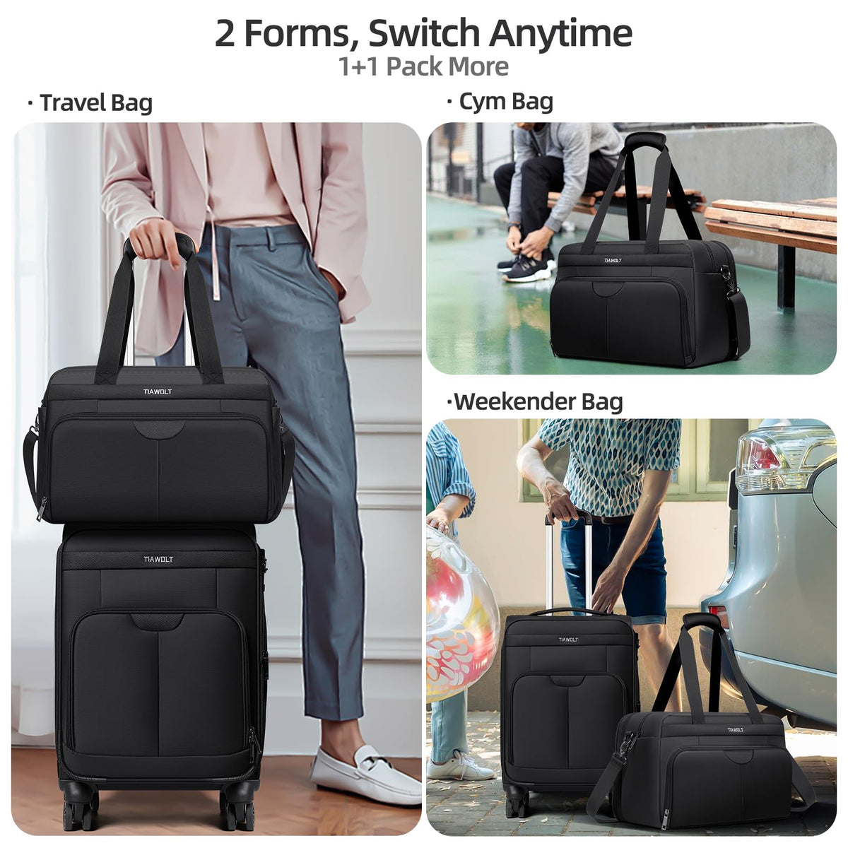 Black Expandable Carry-On Luggage Duffel Bag with Adjustable Strap C571
