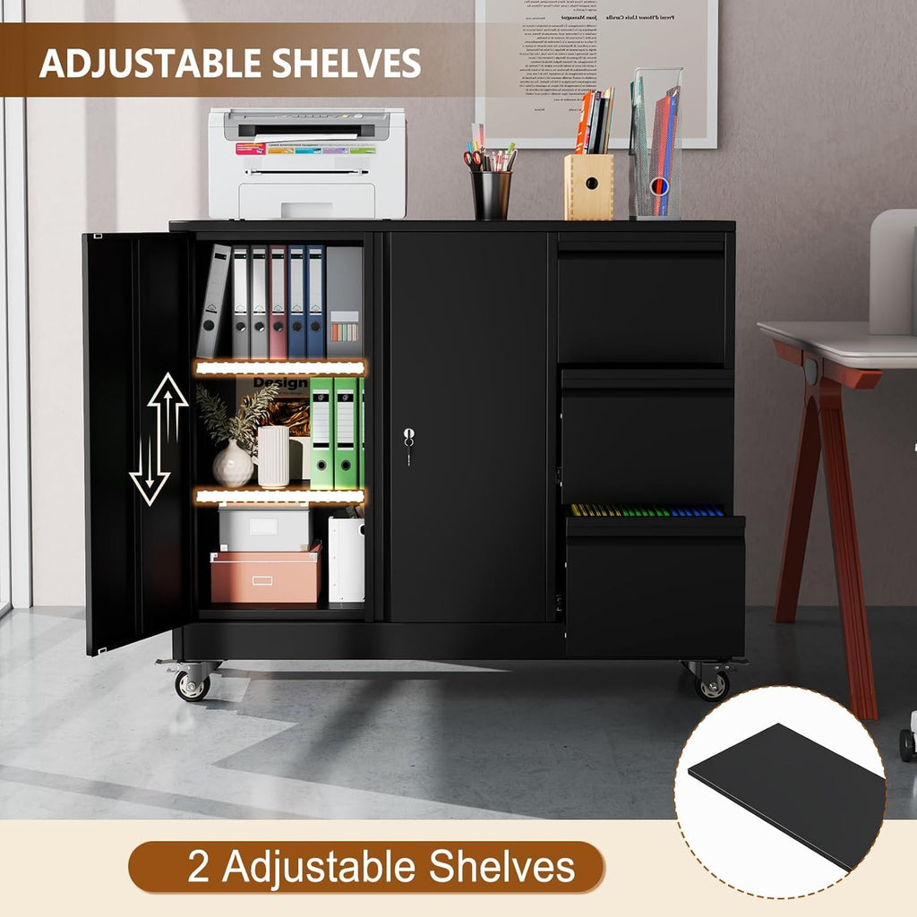 47" H 3 Drawer Black Rolling Metal File Cabinet with Adjustable Shelf & Wheels F169281