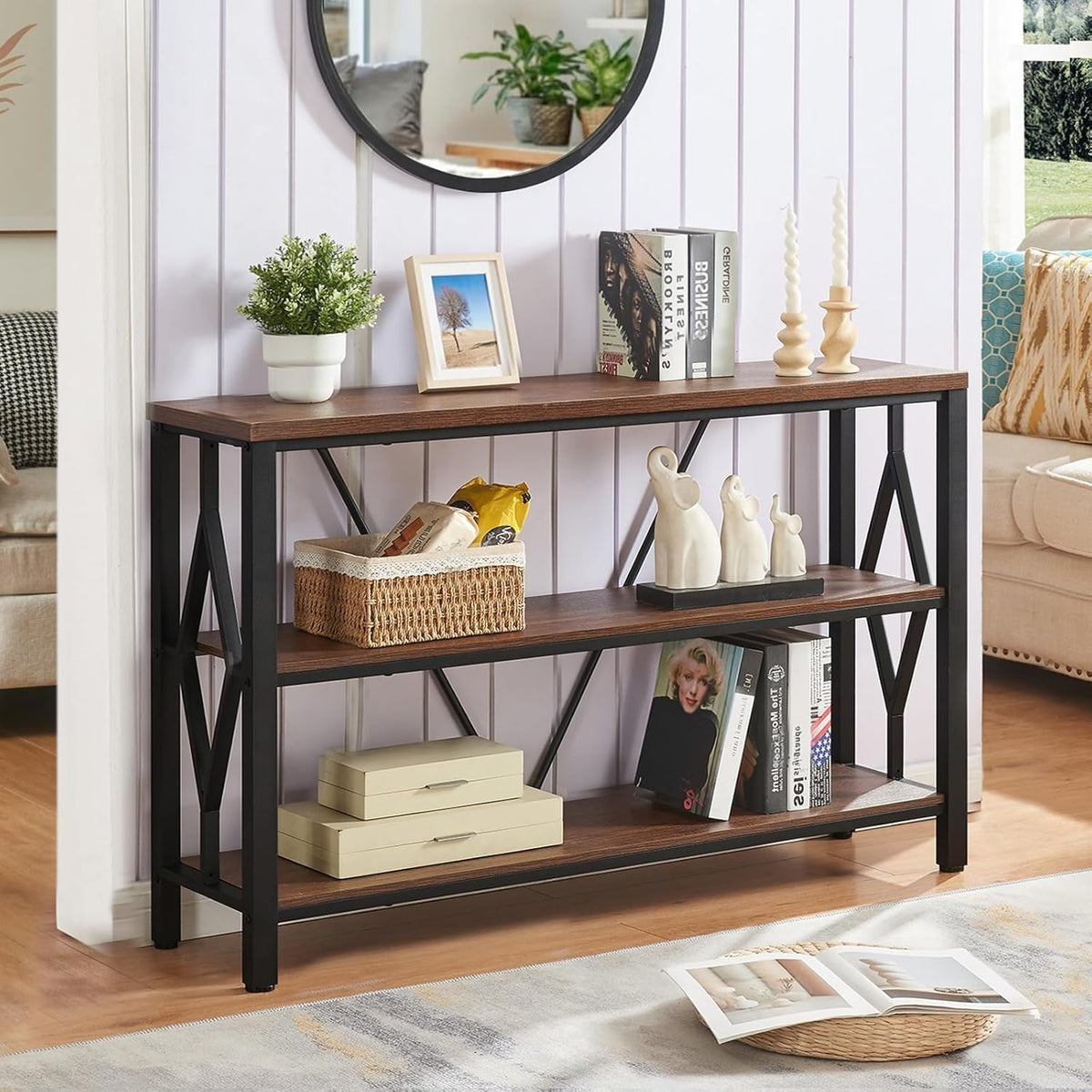 Brown 47 Inch Sofa Console Table with 3 Tier Bookshelf G80464