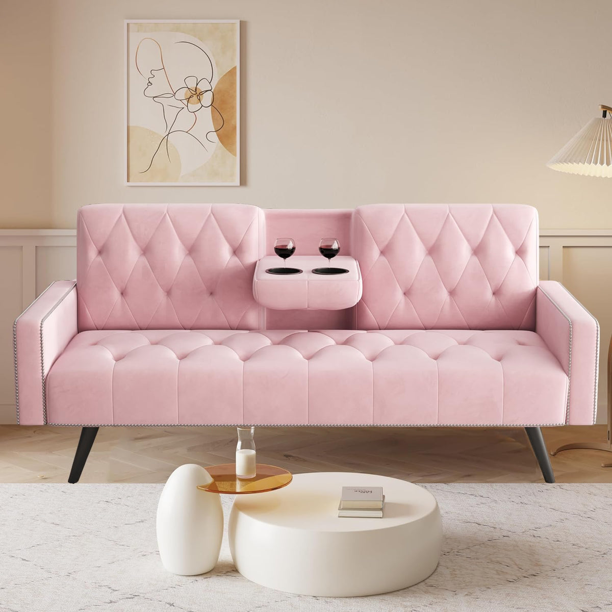 Pink Velvet Futon Couch Bed with Cup Holder H89371