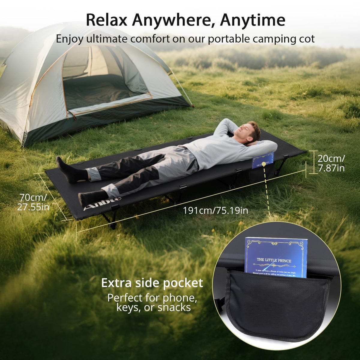 Black Ultralight Folding Camping Cot with Storage Bag P19748