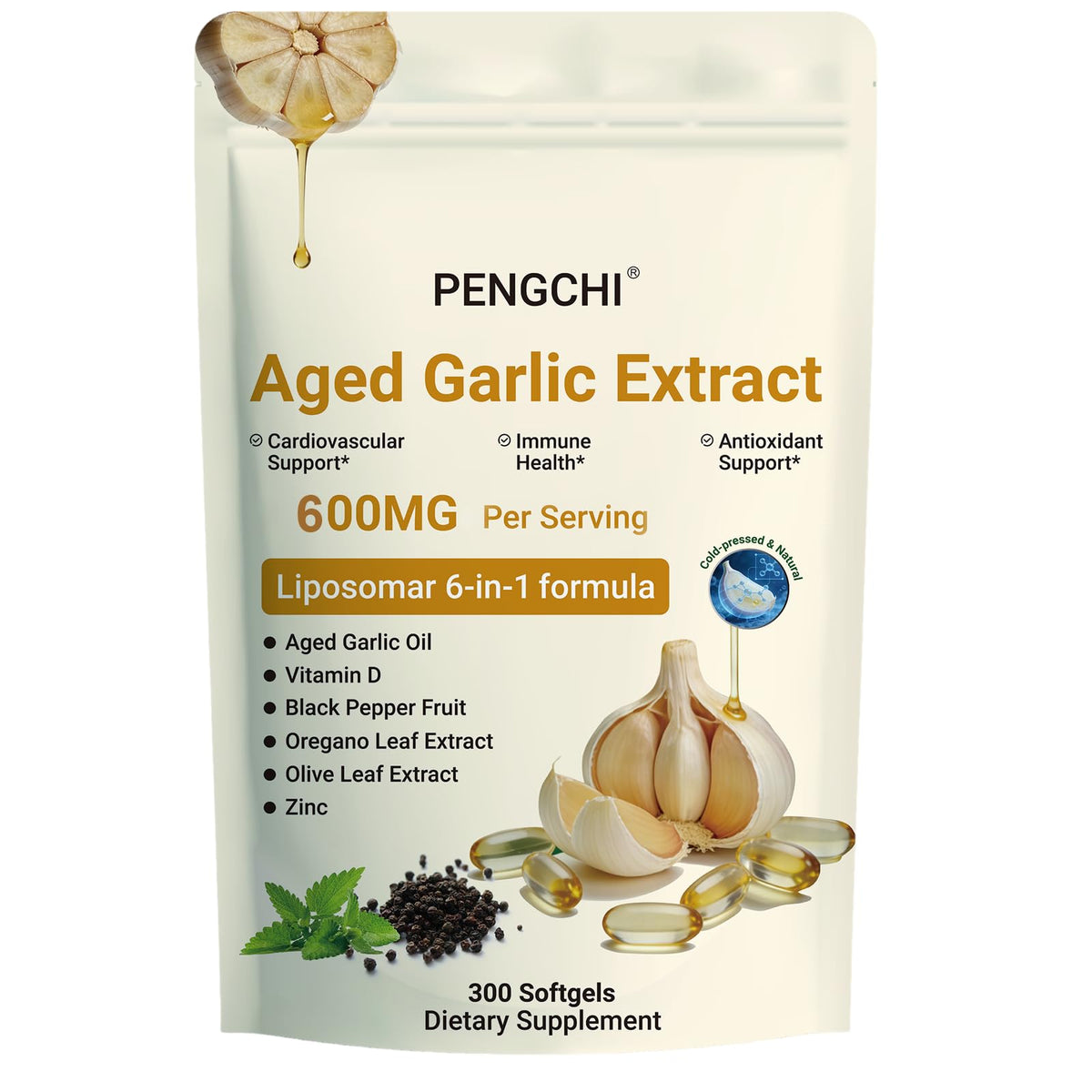 Aged Garlic Extract with Vitamin D Zinc Oregano Olive Leaf Black Pepper 300 Softgels L455
