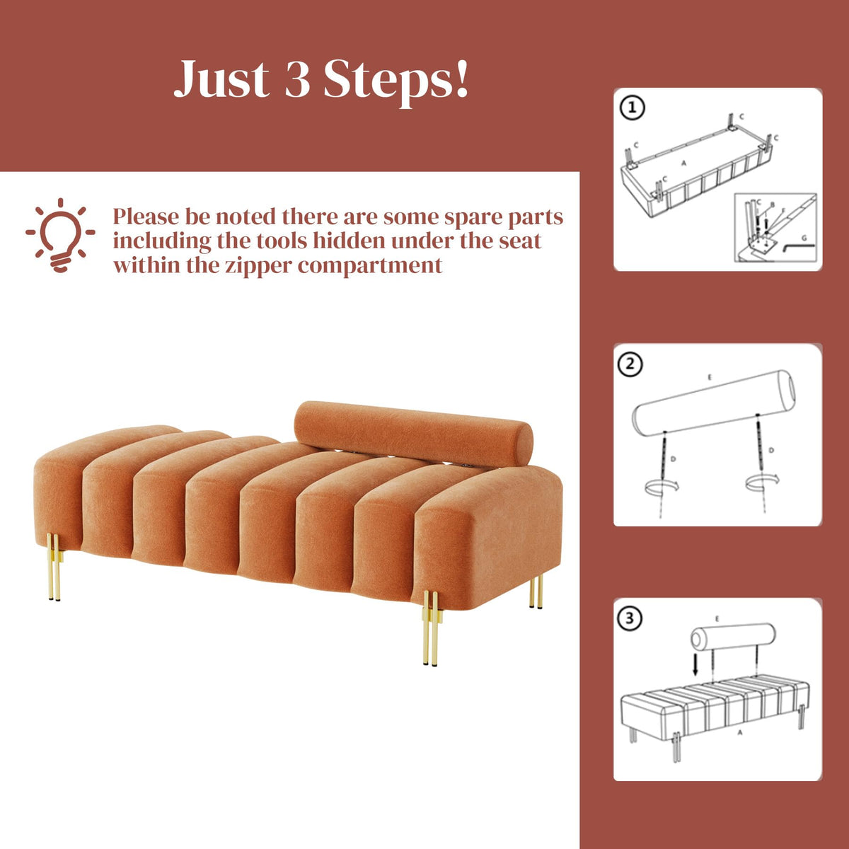 Velvet Upholstered Bench Ottoman with Adjustable Backrest O3154
