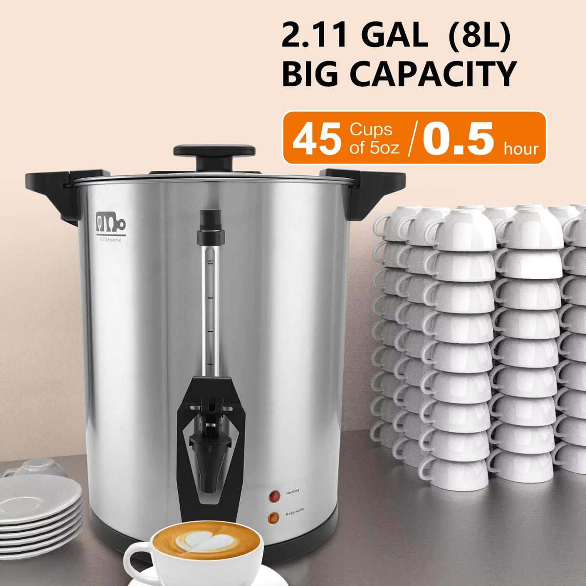 45 Cup 8L Commercial Coffee Urn 950W Hot Beverage Dispenser with Double Faucet I374511
