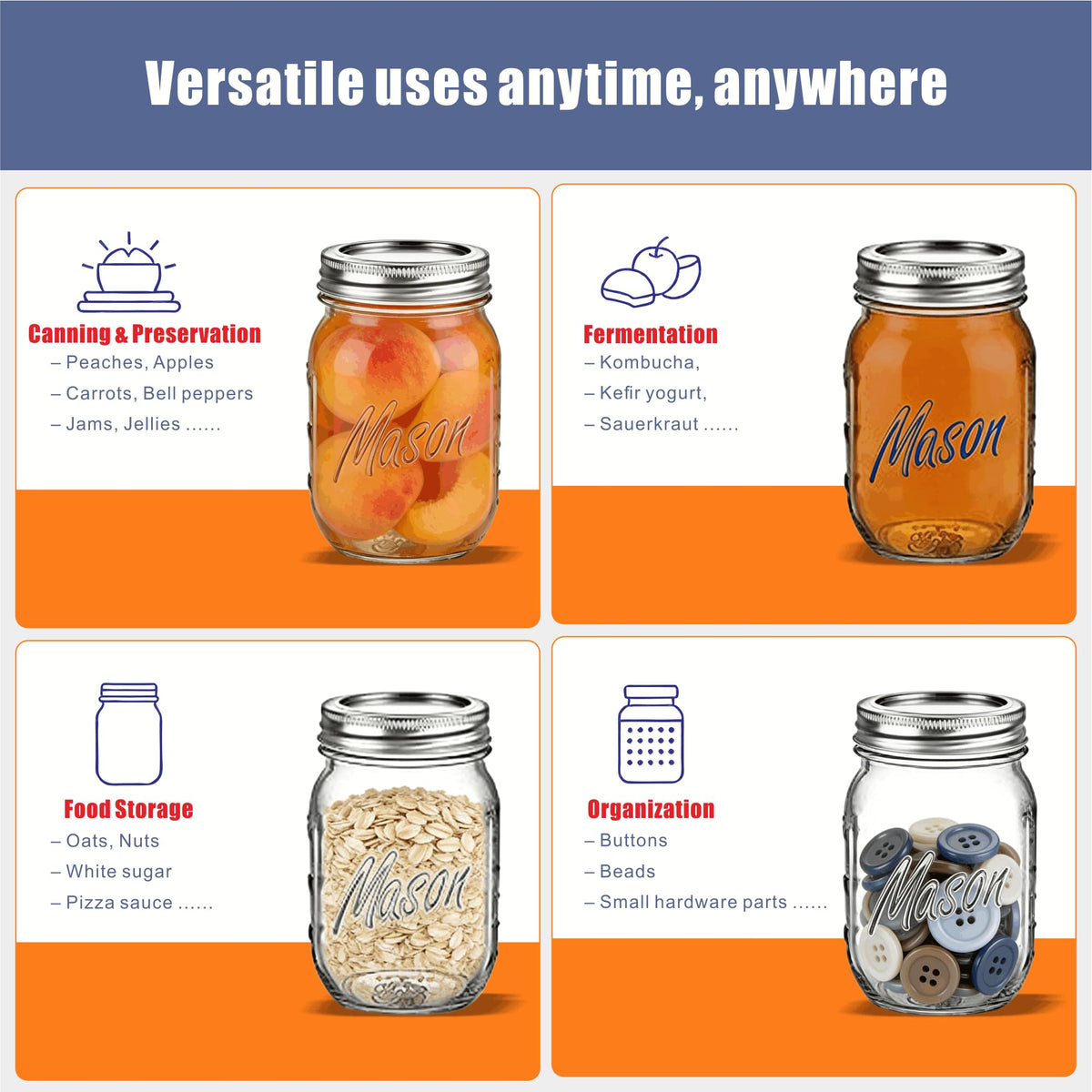 16 oz 6-Pack Regular Mouth Glass Mason Jars with Airtight Lids V84667