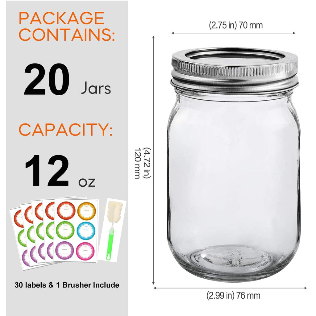 20 Pack 12oz Glass Mason Jars with Lids and Bands J891067
