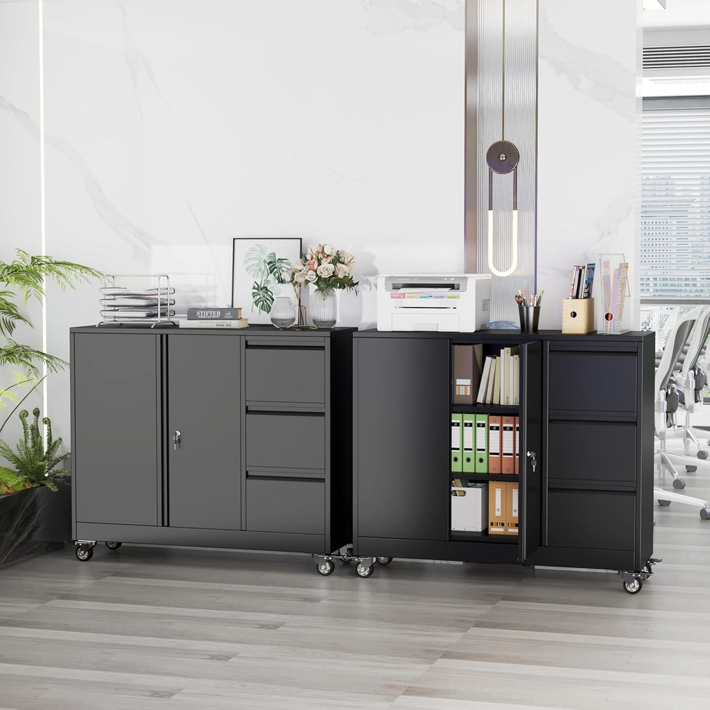 47" H 3 Drawer Black Rolling Metal File Cabinet with Adjustable Shelf & Wheels F169281