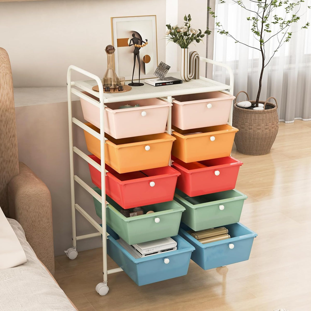 10 Drawer Rolling Storage Cart with Metal Frame F744