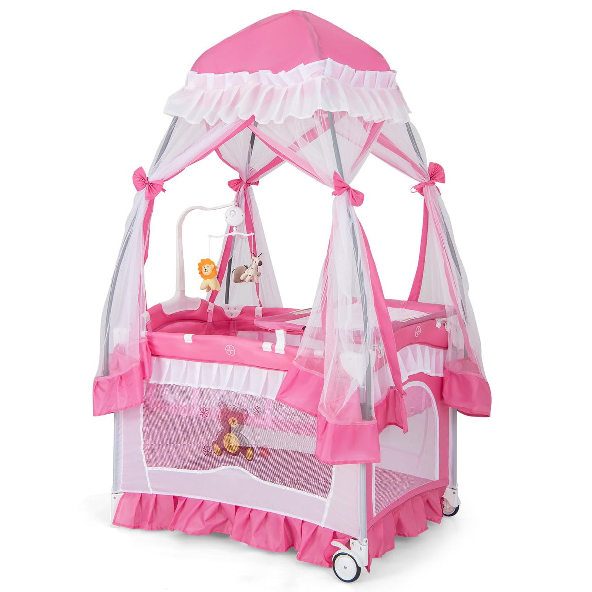 4-in-1 Pack and Play with Canopy, Changing Table and Bassinet, Hot Pink D278