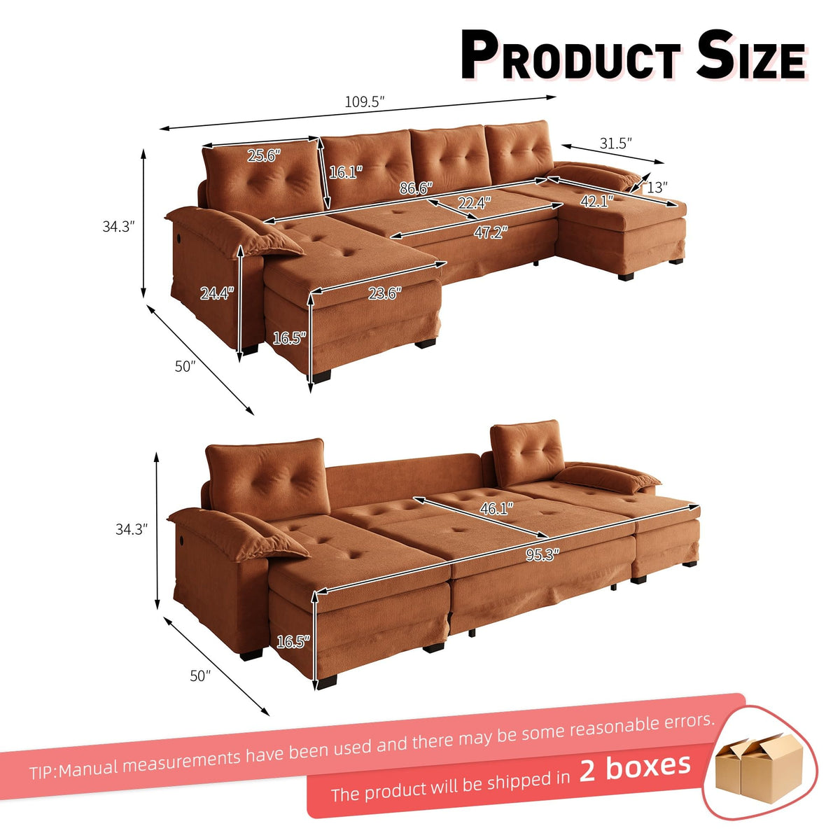 110" 3-in-1 Convertible Sleeper Sofa Bed F1469