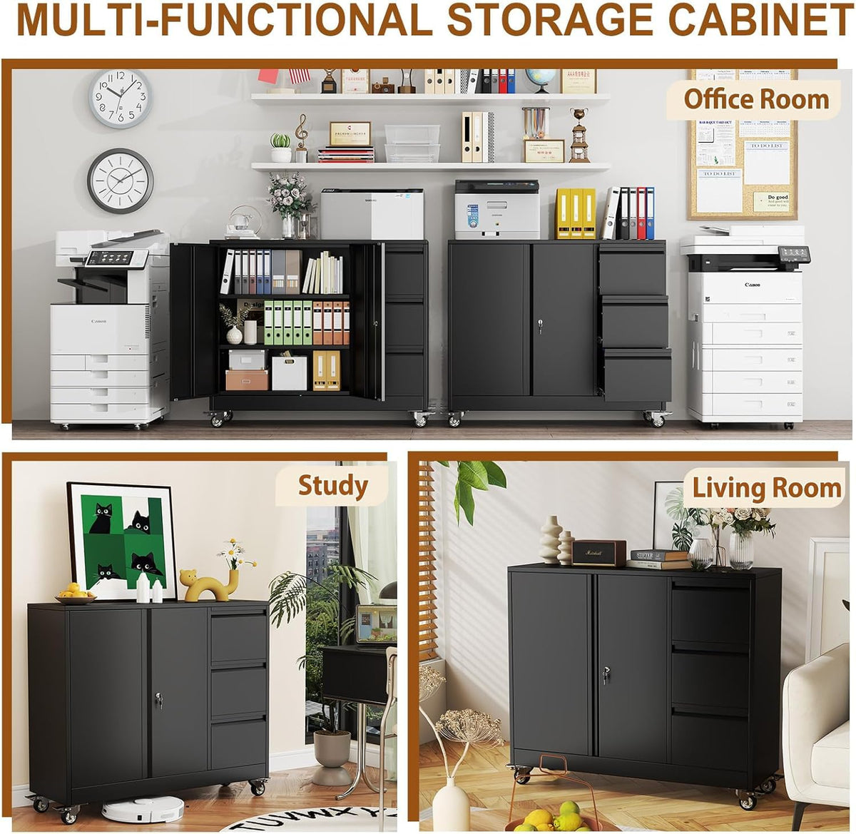 47" H 3 Drawer Black Rolling Metal File Cabinet with Adjustable Shelf & Wheels F169281