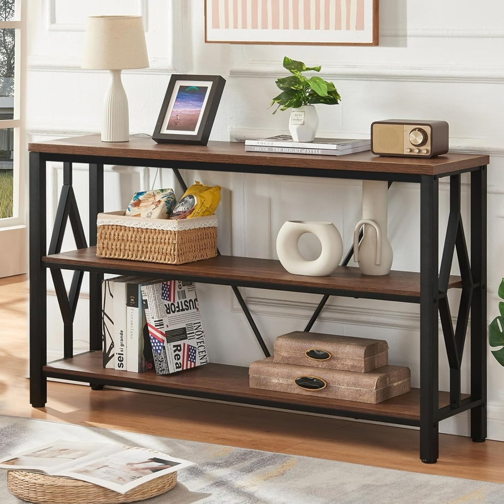 Brown 47 Inch Sofa Console Table with 3 Tier Bookshelf G80464