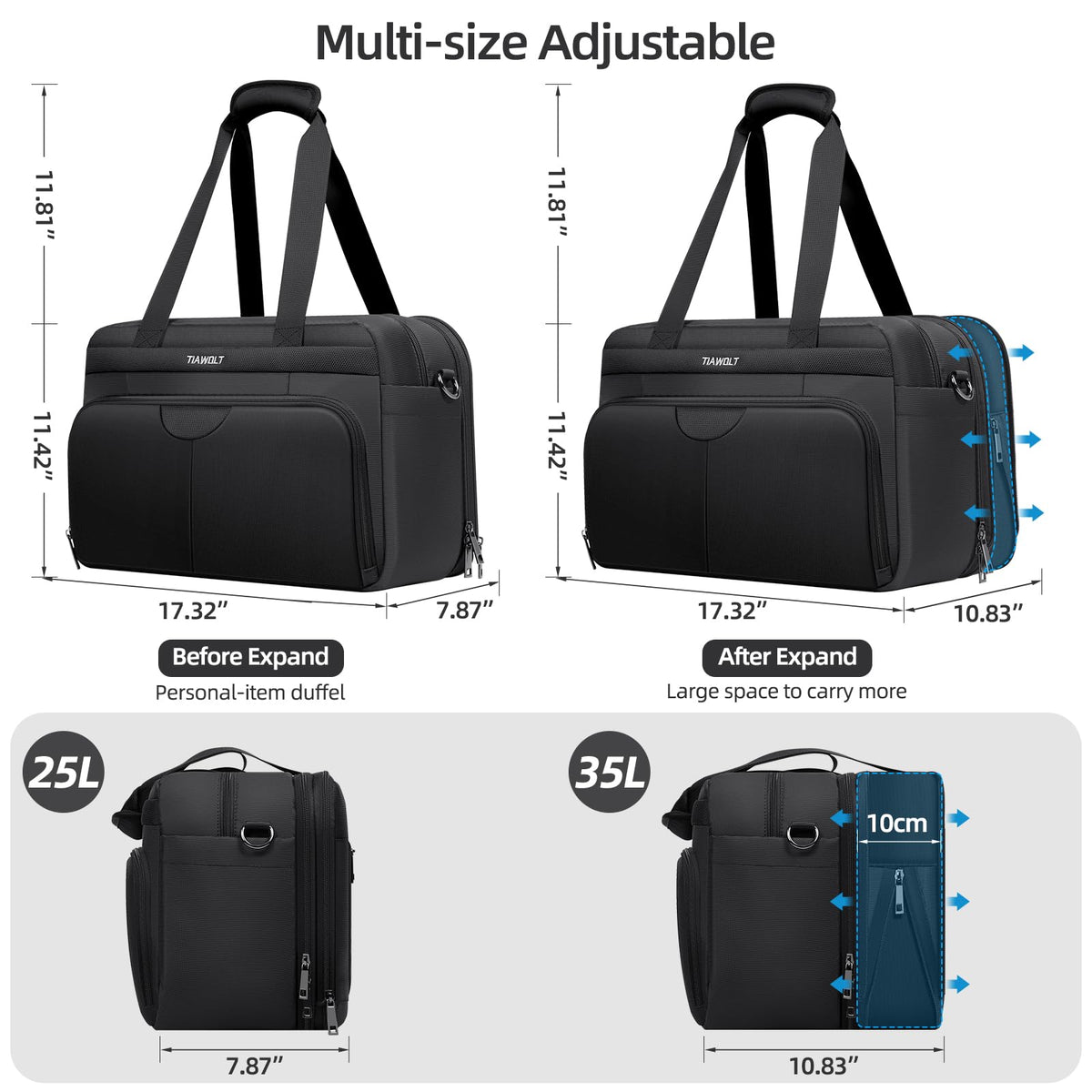 Black Expandable Carry-On Luggage Duffel Bag with Adjustable Strap C571