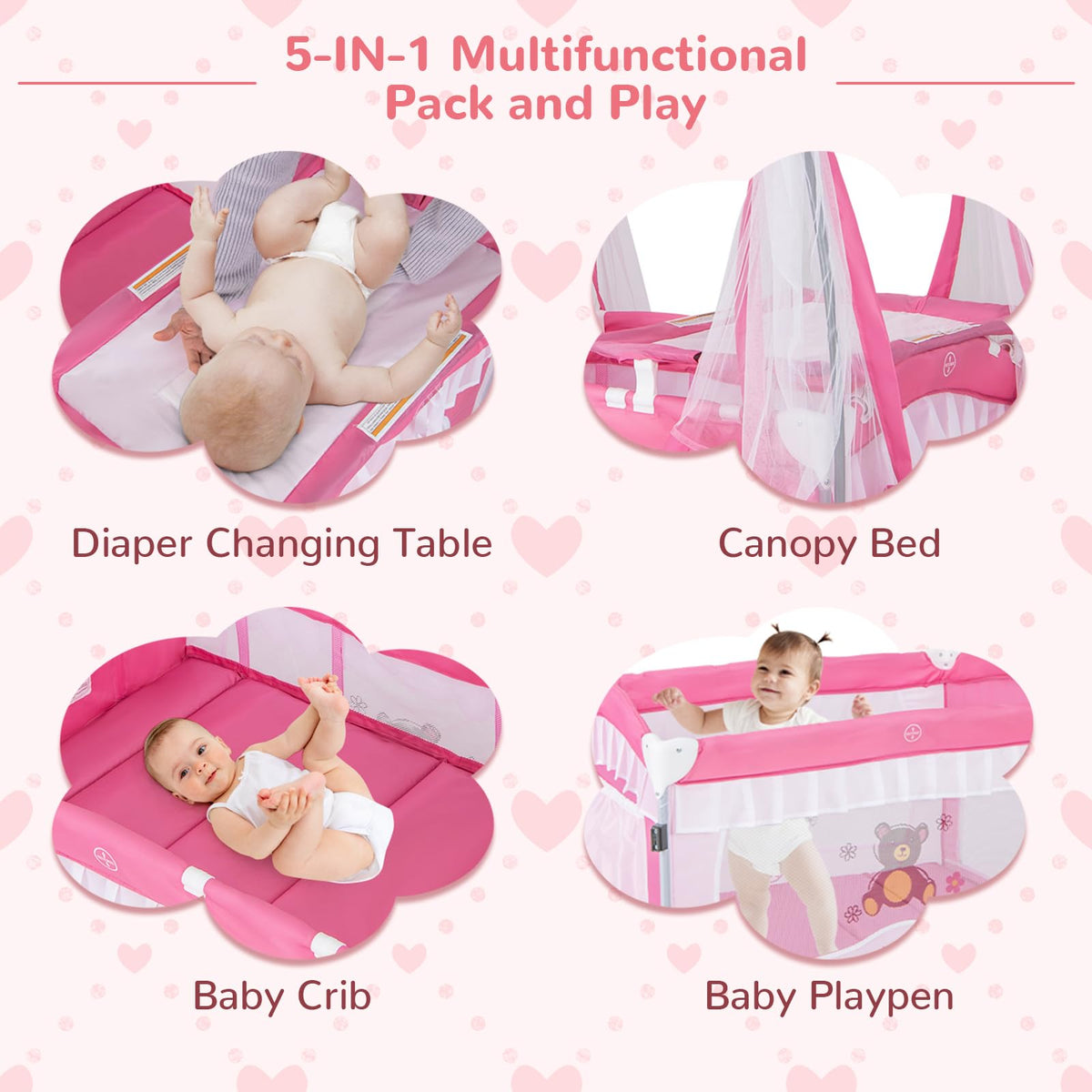 4-in-1 Pack and Play with Canopy, Changing Table and Bassinet, Hot Pink D278