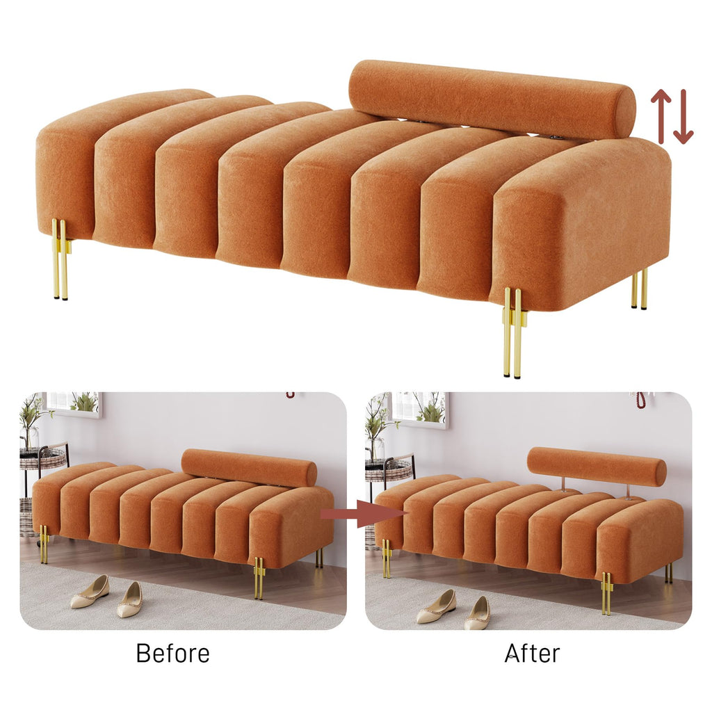 Velvet Upholstered Bench Ottoman with Adjustable Backrest O3154