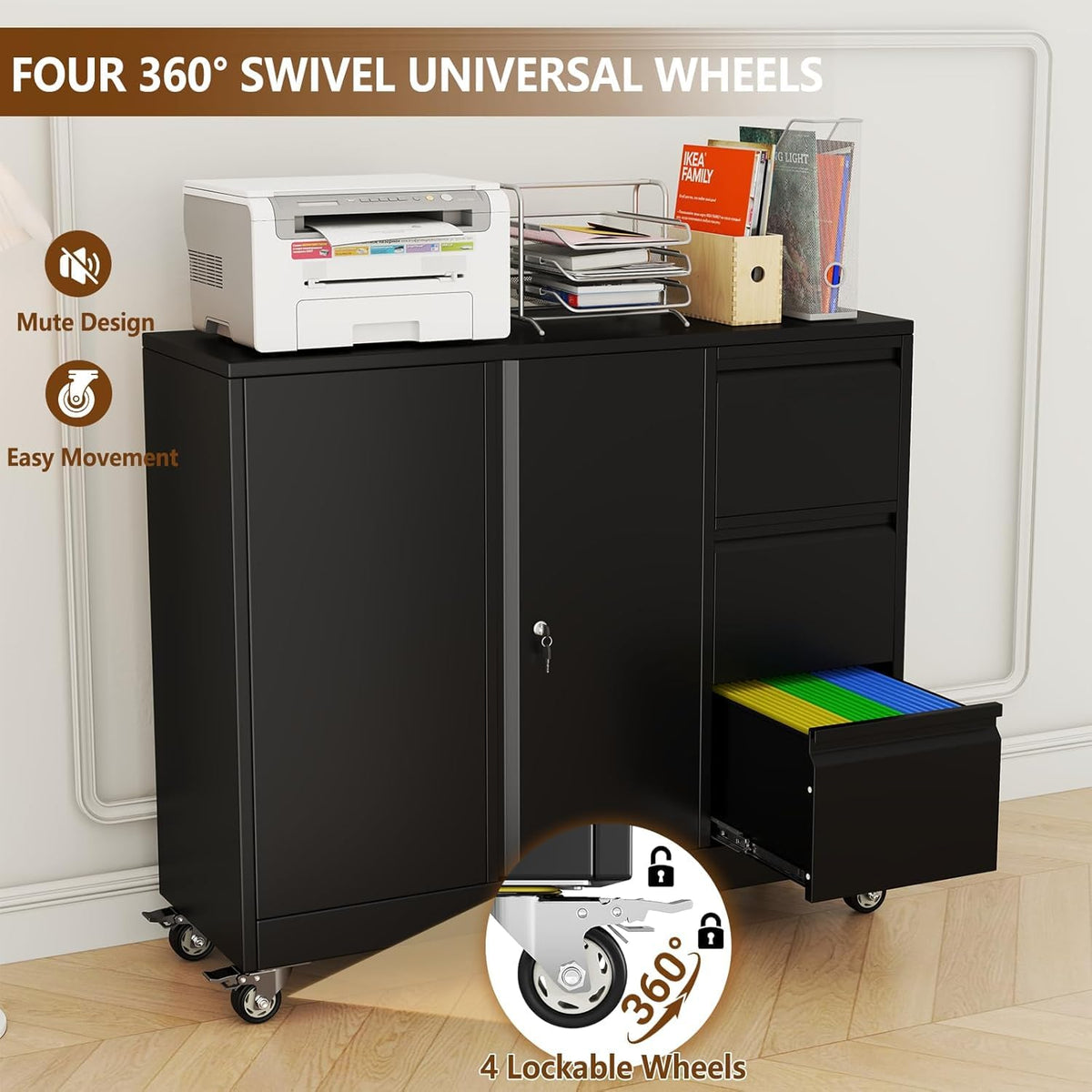 47" H 3 Drawer Black Rolling Metal File Cabinet with Adjustable Shelf & Wheels F169281