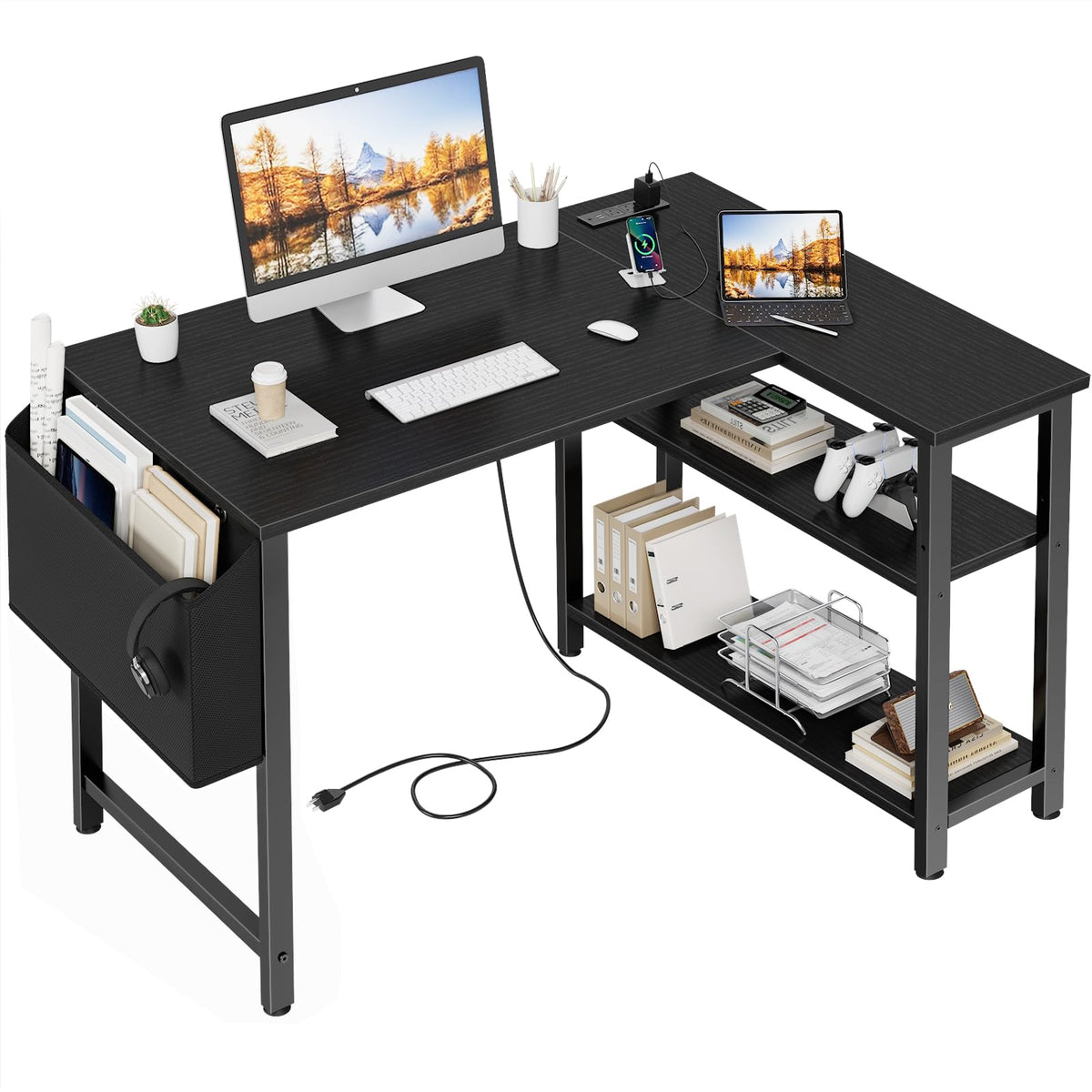 Black 40 Inch L Shaped Corner Computer Desk with Power Outlet Q90728