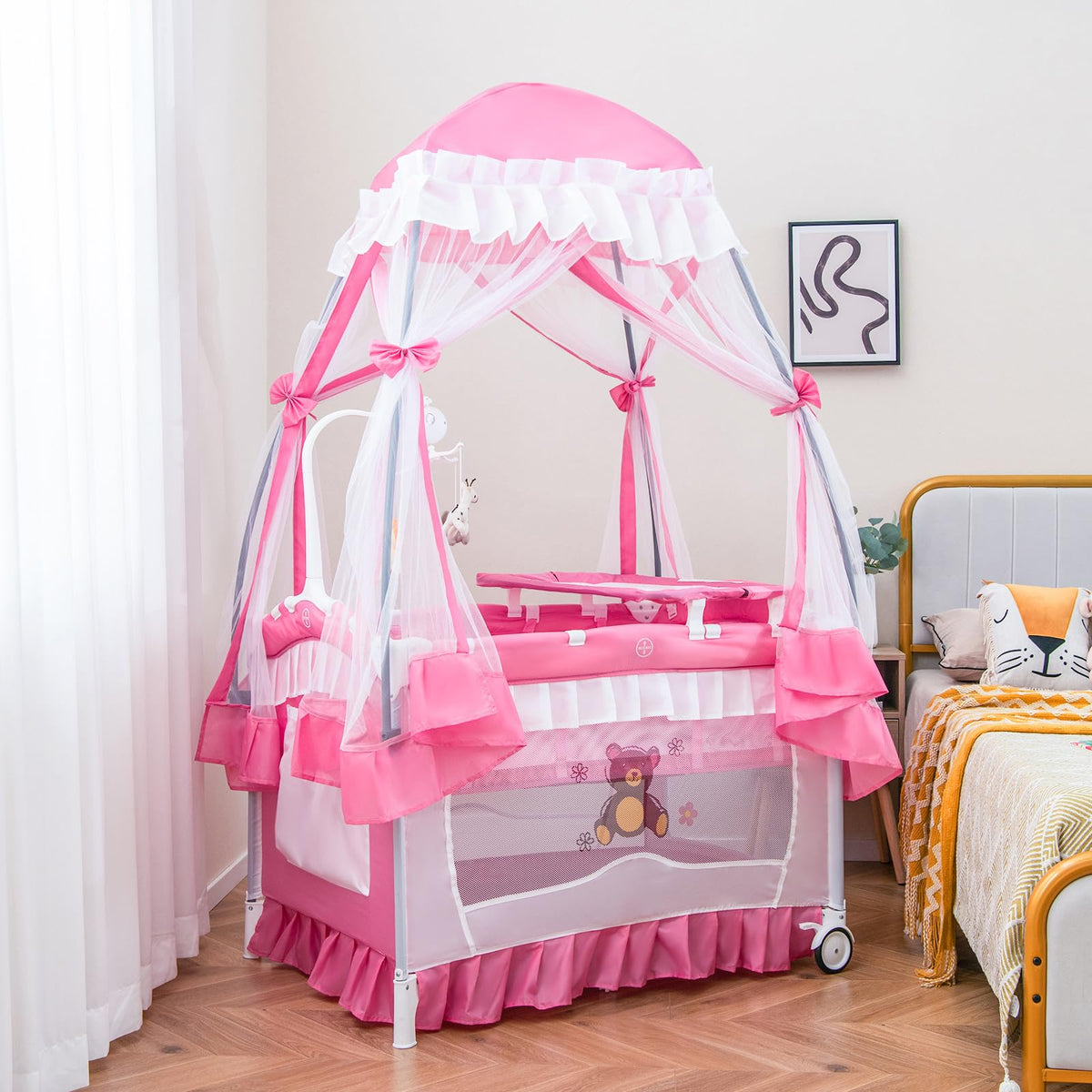 4-in-1 Pack and Play with Canopy, Changing Table and Bassinet, Hot Pink D278