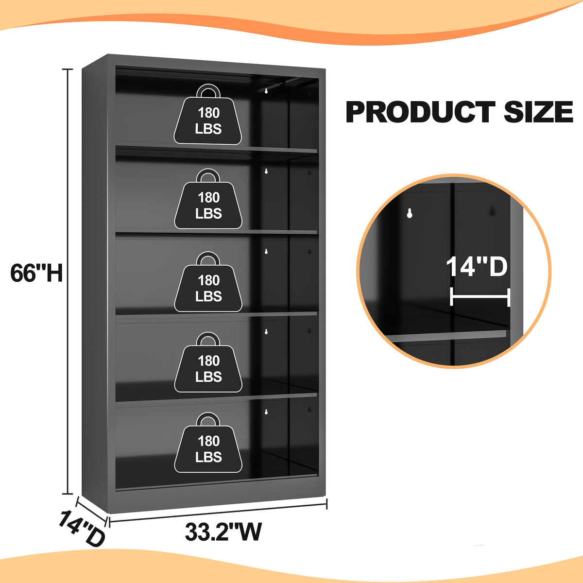 66" Tall Black Metal Bookcase with Adjustable Shelves Q1247